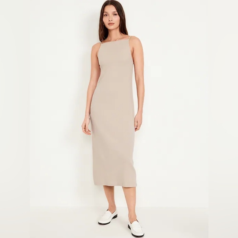NEW!! Old Navy Square Neck Rib Knit Tan Midi Dress